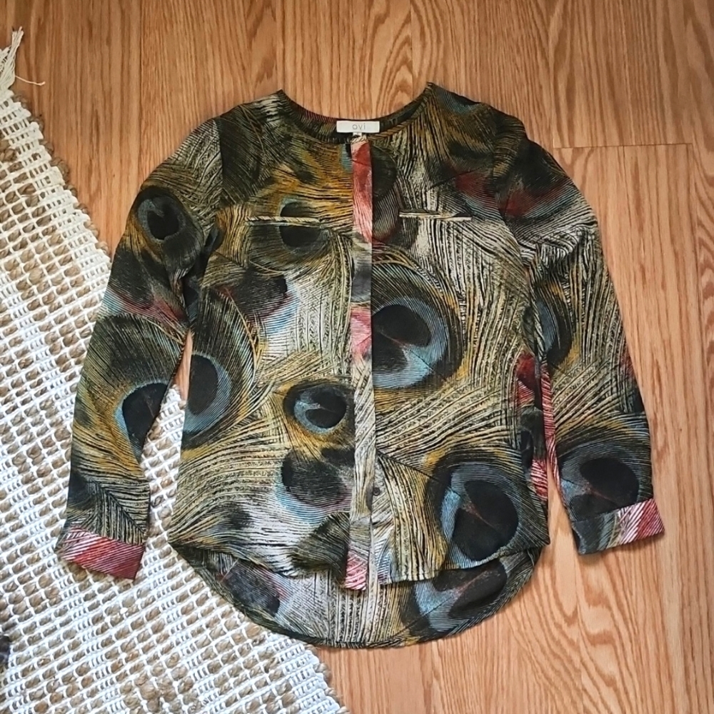 OVI Peacock Feather Print Blouse Polyester Long Sleeves